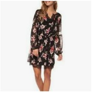 Dex Black Floral Fit-and-Flare Long-Sleeved Midi Boho Dress, S/M